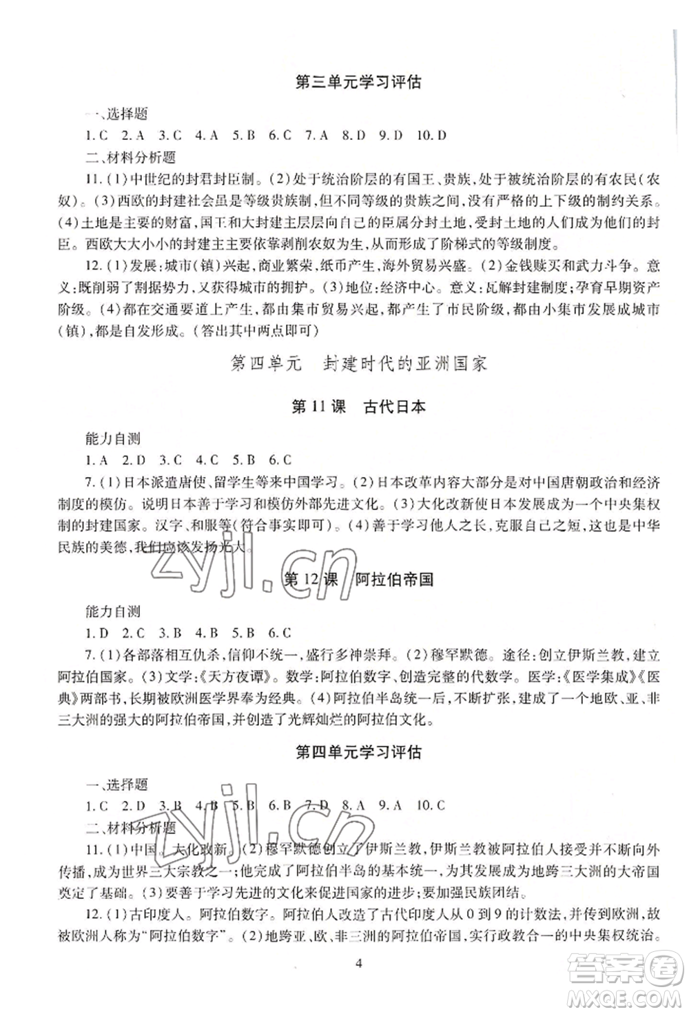 明天出版社2022智慧學(xué)習(xí)導(dǎo)學(xué)練九年級世界歷史人教版參考答案