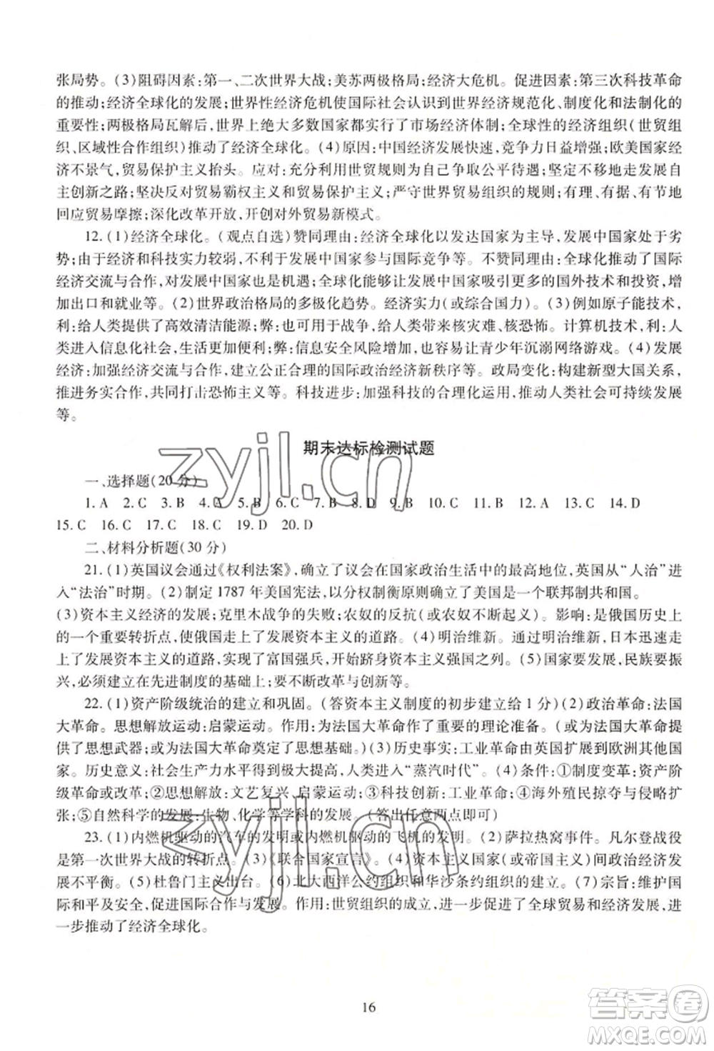 明天出版社2022智慧學(xué)習(xí)導(dǎo)學(xué)練九年級世界歷史人教版參考答案