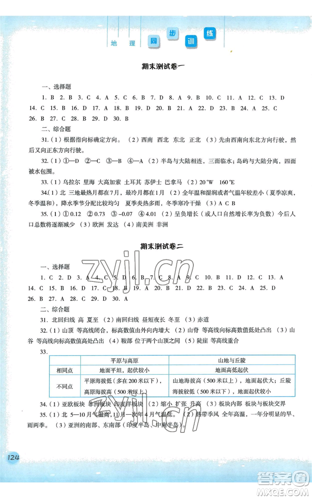 河北人民出版社2022同步訓練七年級上冊地理人教版參考答案
