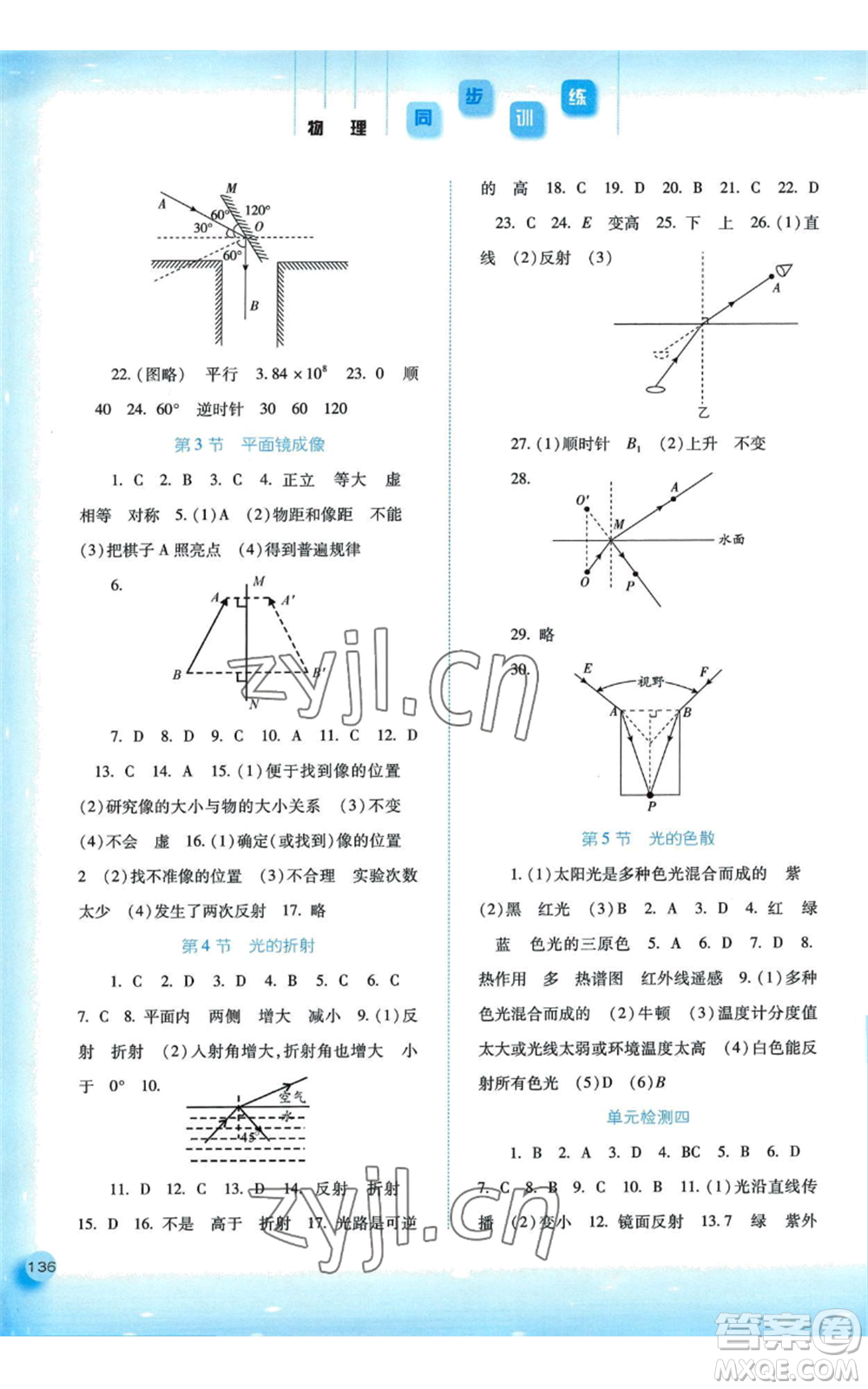 河北人民出版社2022同步訓(xùn)練八年級上冊物理人教版參考答案