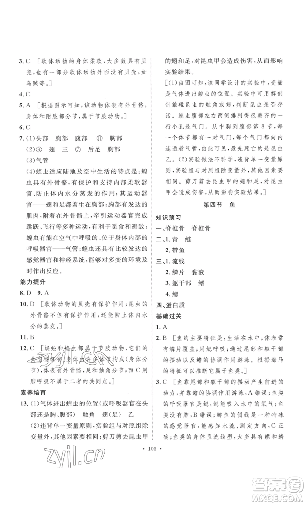 安徽人民出版社2022思路教練同步課時(shí)作業(yè)八年級(jí)上冊(cè)生物人教版參考答案