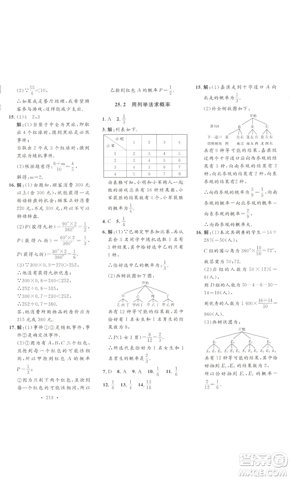 安徽人民出版社2022思路教練同步課時作業(yè)九年級數(shù)學(xué)人教版參考答案