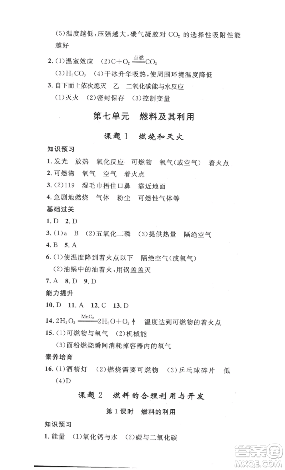 安徽人民出版社2022思路教練同步課時作業(yè)九年級化學人教版參考答案