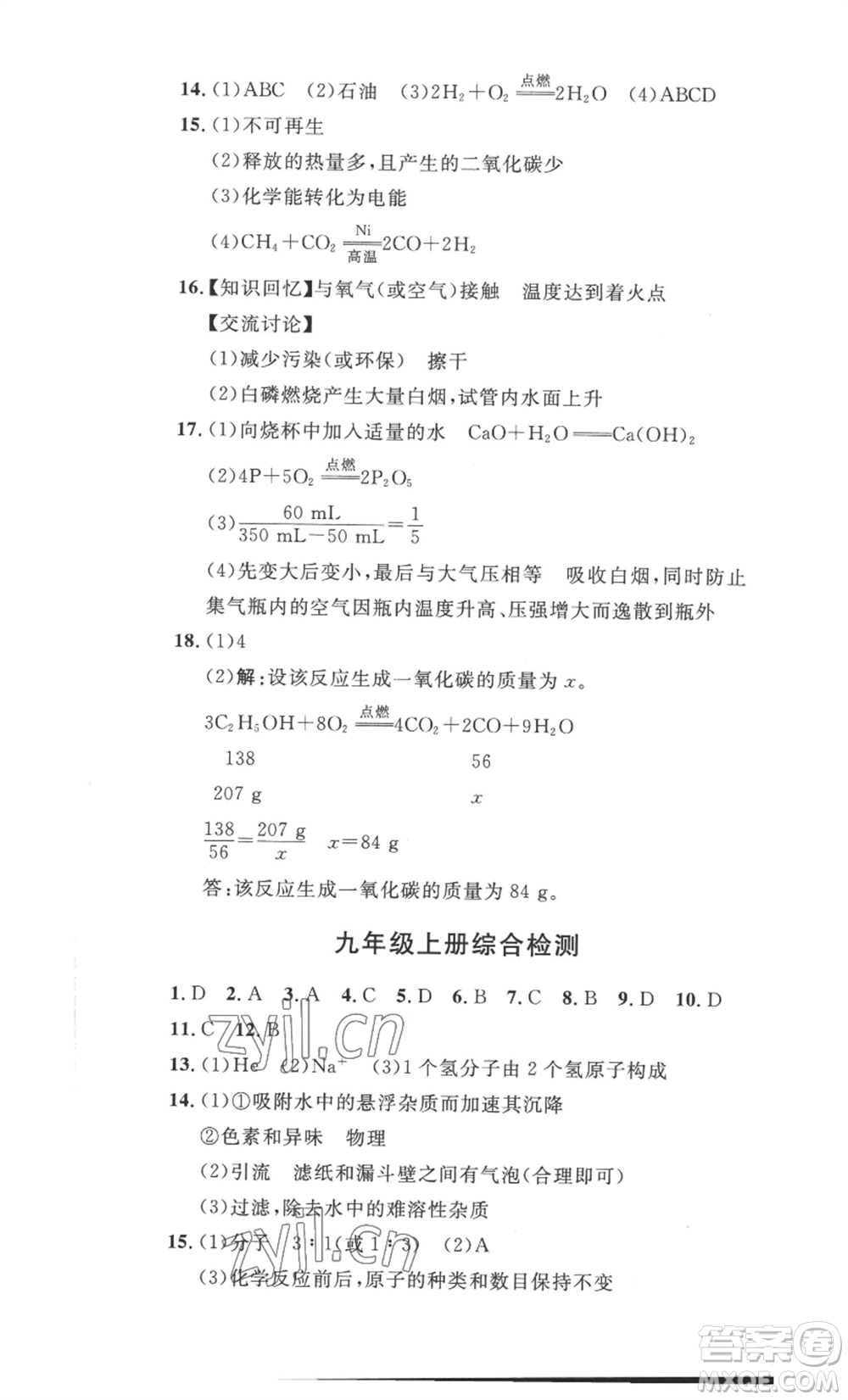 安徽人民出版社2022思路教練同步課時作業(yè)九年級化學人教版參考答案