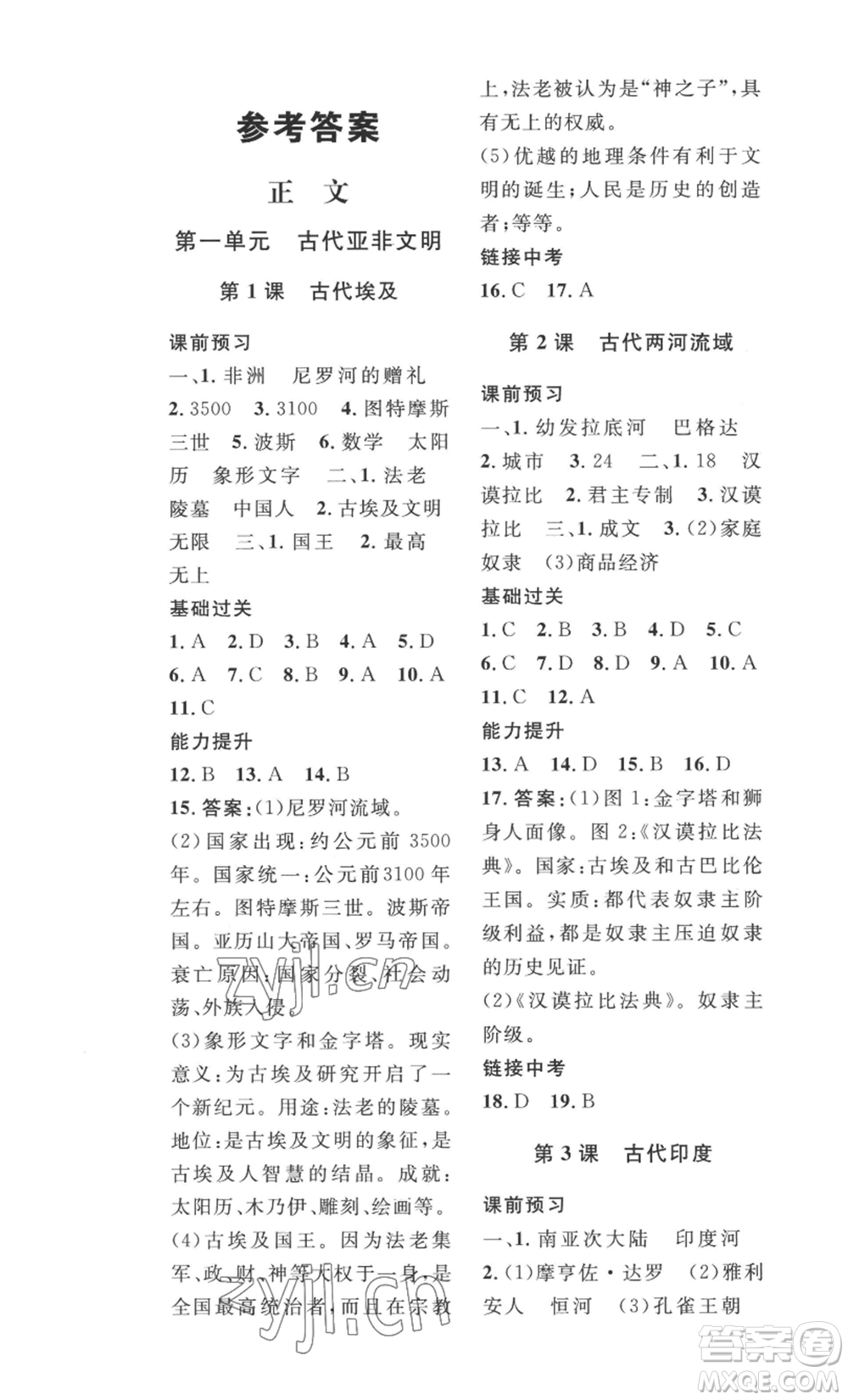 安徽人民出版社2022思路教練同步課時(shí)作業(yè)九年級歷史人教版參考答案