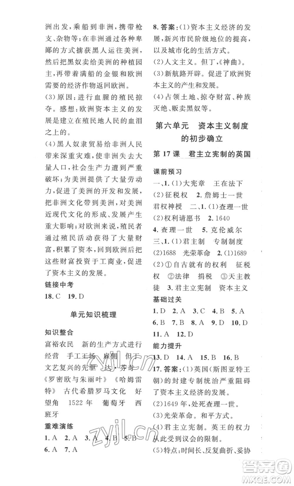 安徽人民出版社2022思路教練同步課時(shí)作業(yè)九年級歷史人教版參考答案