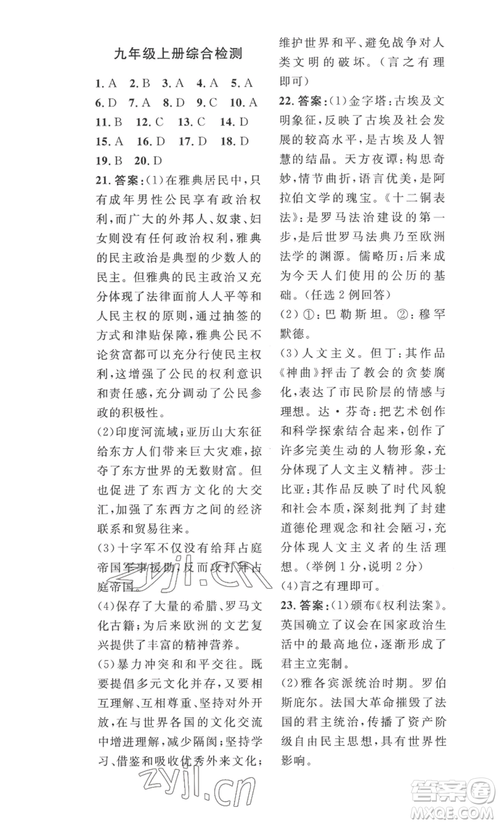 安徽人民出版社2022思路教練同步課時(shí)作業(yè)九年級歷史人教版參考答案
