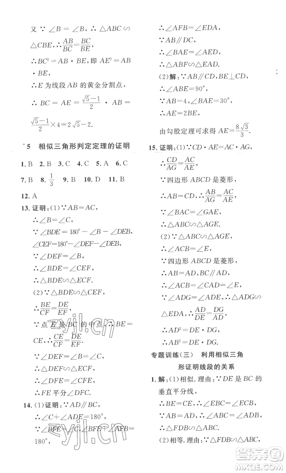 安徽人民出版社2022思路教練同步課時作業(yè)九年級數(shù)學(xué)北師大版參考答案