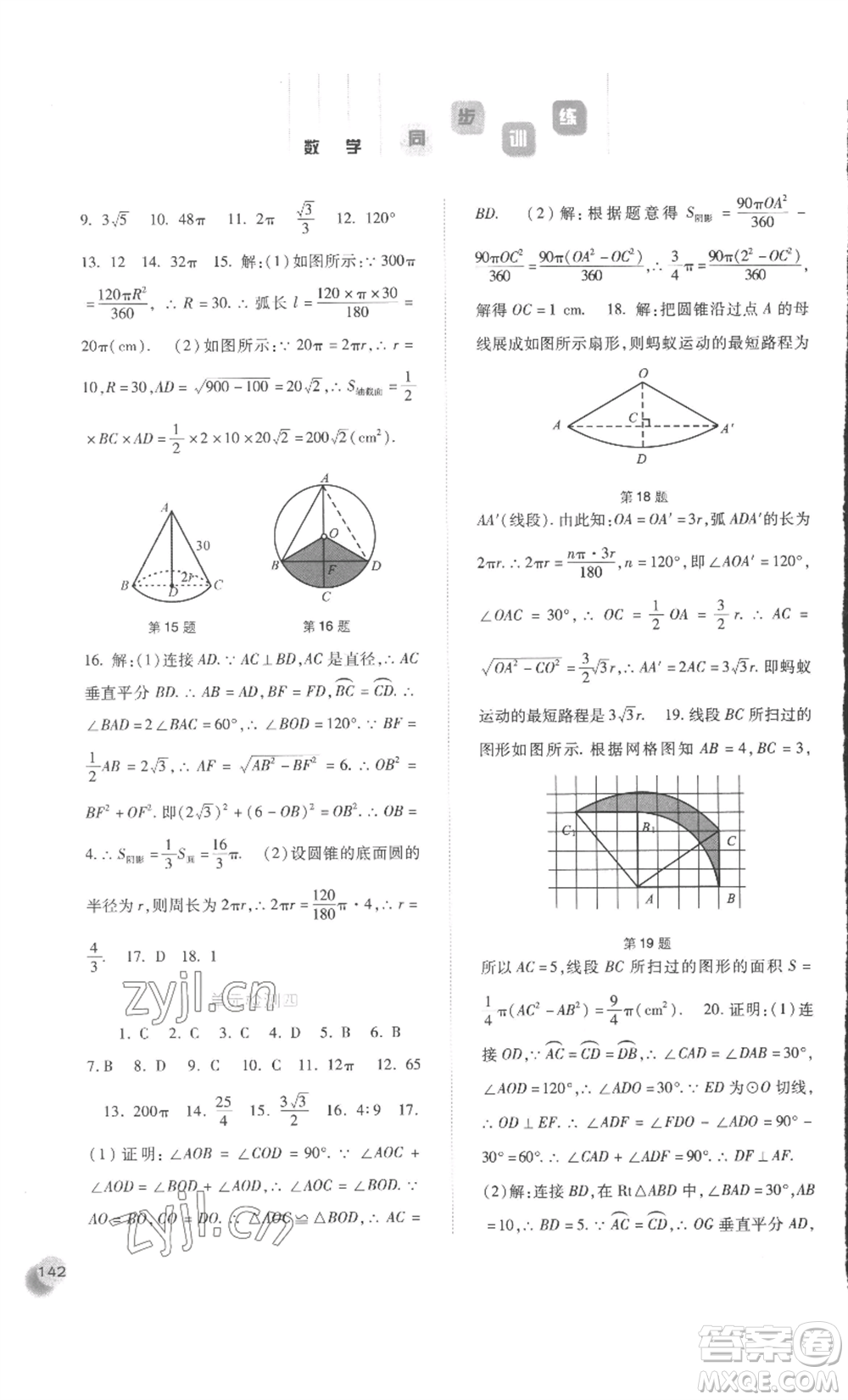 河北人民出版社2022同步訓(xùn)練九年級上冊數(shù)學(xué)人教版參考答案