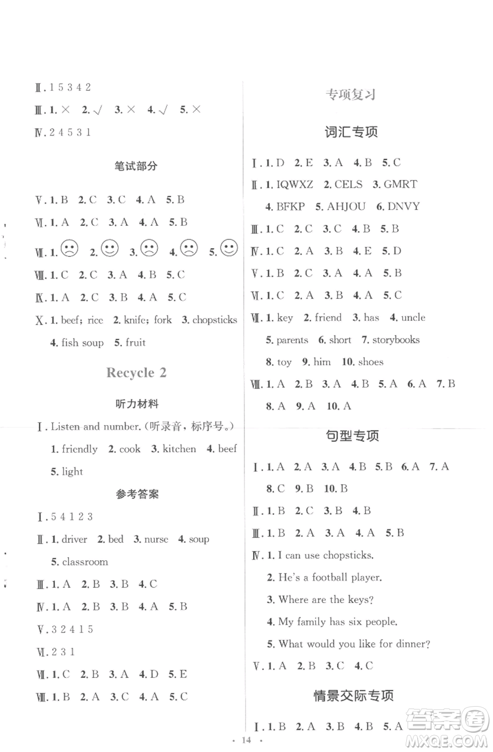 人民教育出版社2022人教金學(xué)典同步解析與測(cè)評(píng)學(xué)考練四年級(jí)上冊(cè)英語人教版參考答案