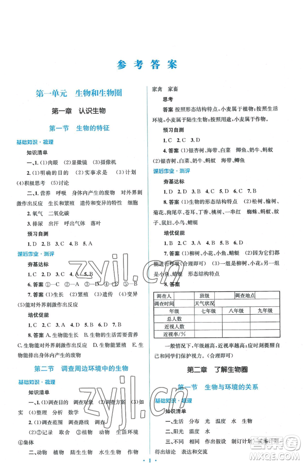 人民教育出版社2022人教金學(xué)典同步解析與測評學(xué)考練七年級上冊生物學(xué)人教版參考答案