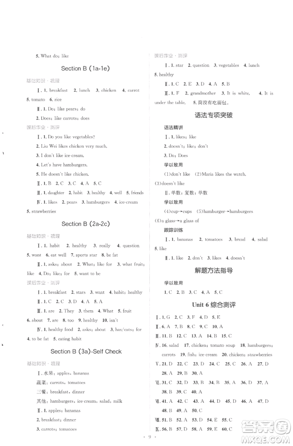 人民教育出版社2022人教金學(xué)典同步解析與測(cè)評(píng)學(xué)考練七年級(jí)上冊(cè)英語(yǔ)人教版參考答案