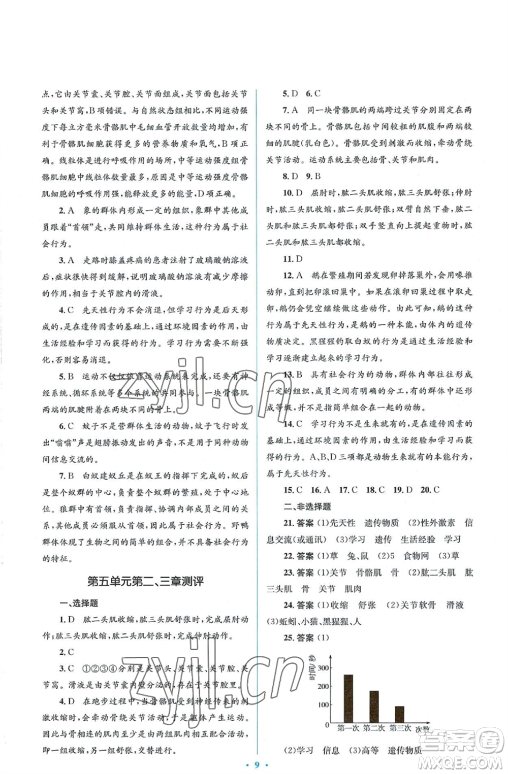 人民教育出版社2022人教金學典同步解析與測評學考練八年級上冊生物學人教版參考答案