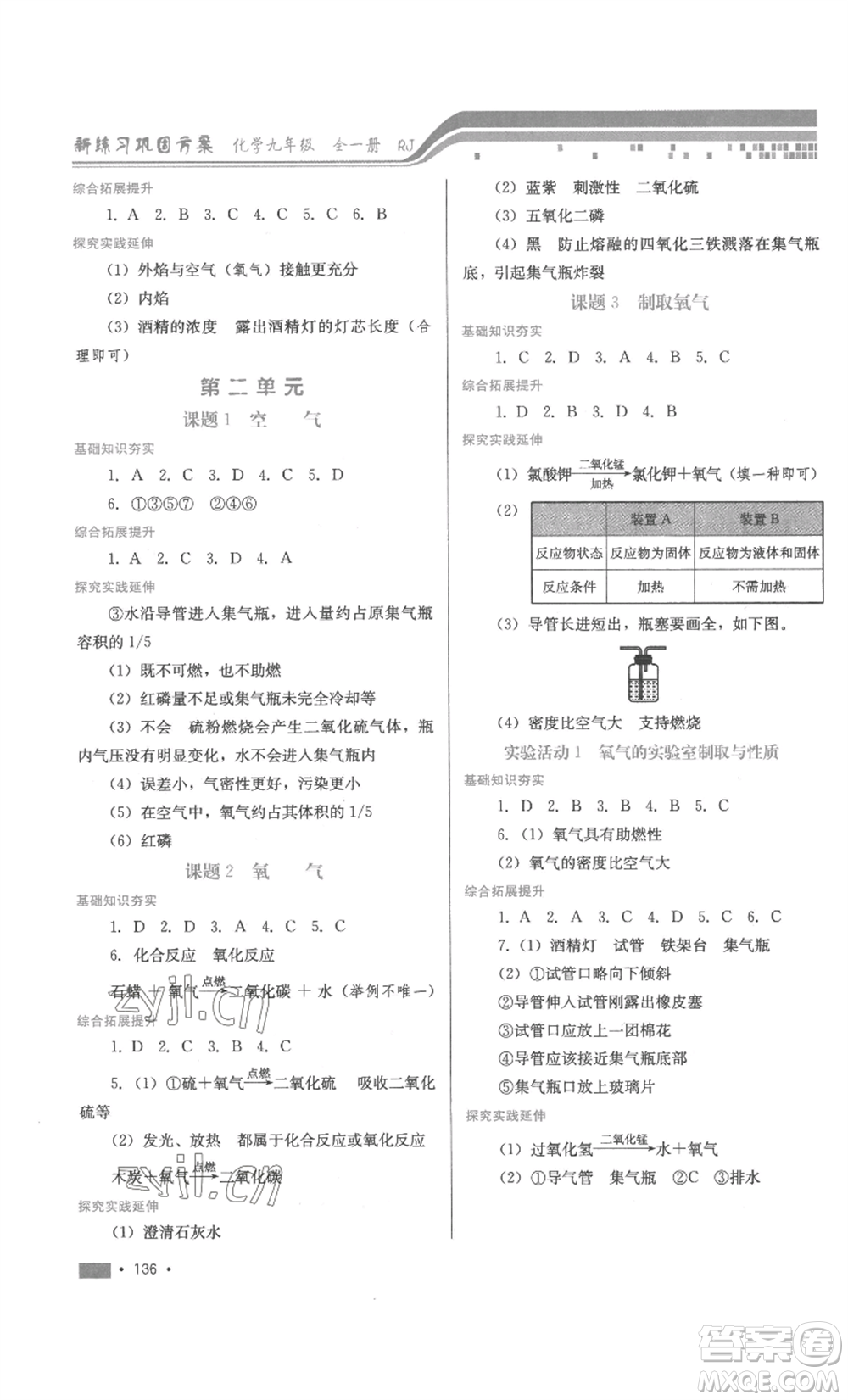 河北少年兒童出版社2022新練習(xí)鞏固方案九年級(jí)化學(xué)人教版參考答案