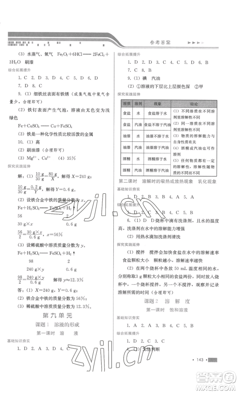 河北少年兒童出版社2022新練習(xí)鞏固方案九年級(jí)化學(xué)人教版參考答案