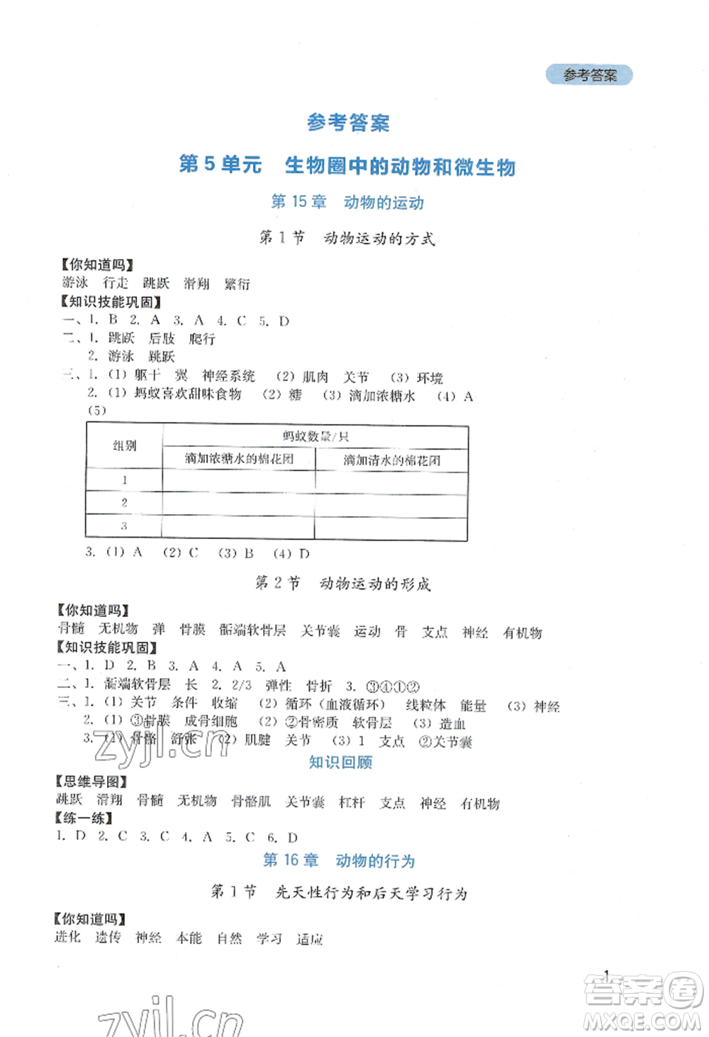 四川教育出版社2022新課程實踐與探究叢書八年級上冊生物北師大版參考答案