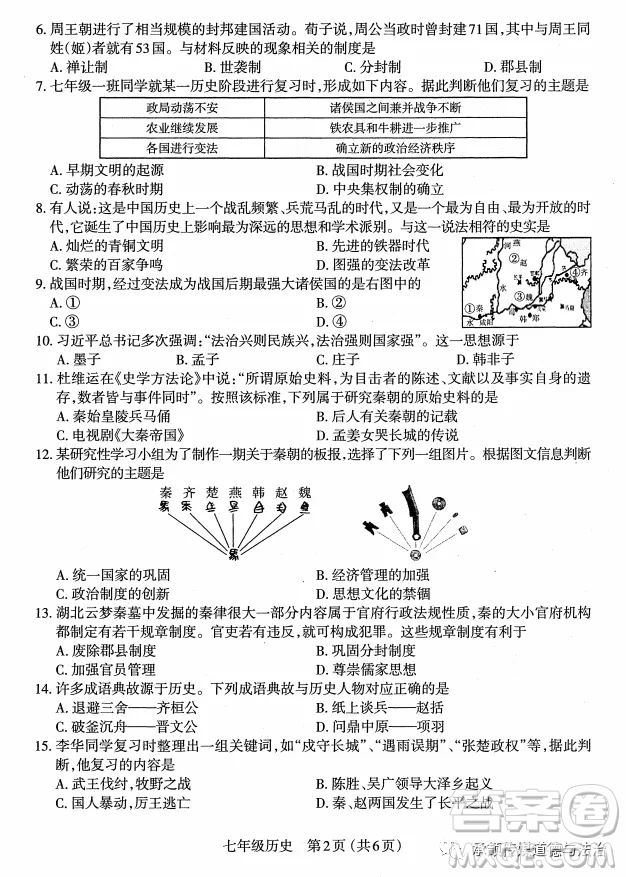 太原市2022-2023學(xué)年第一學(xué)期七年級期中質(zhì)量檢測歷史試卷答案