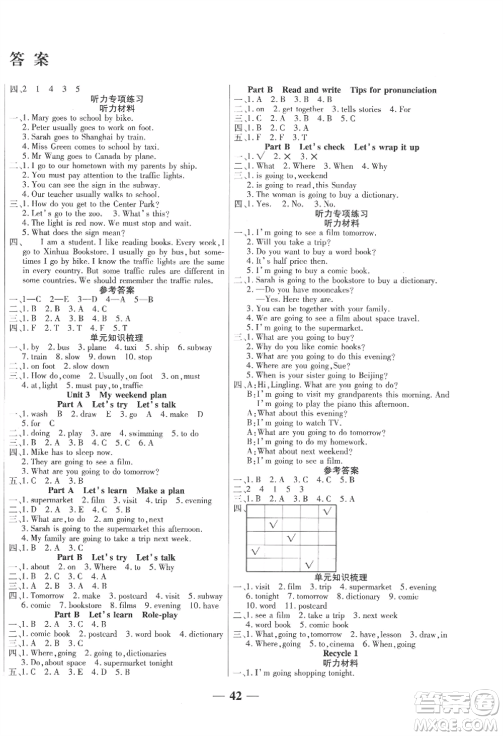 陽光出版社2022激活思維智能訓(xùn)練六年級上冊英語人教版參考答案