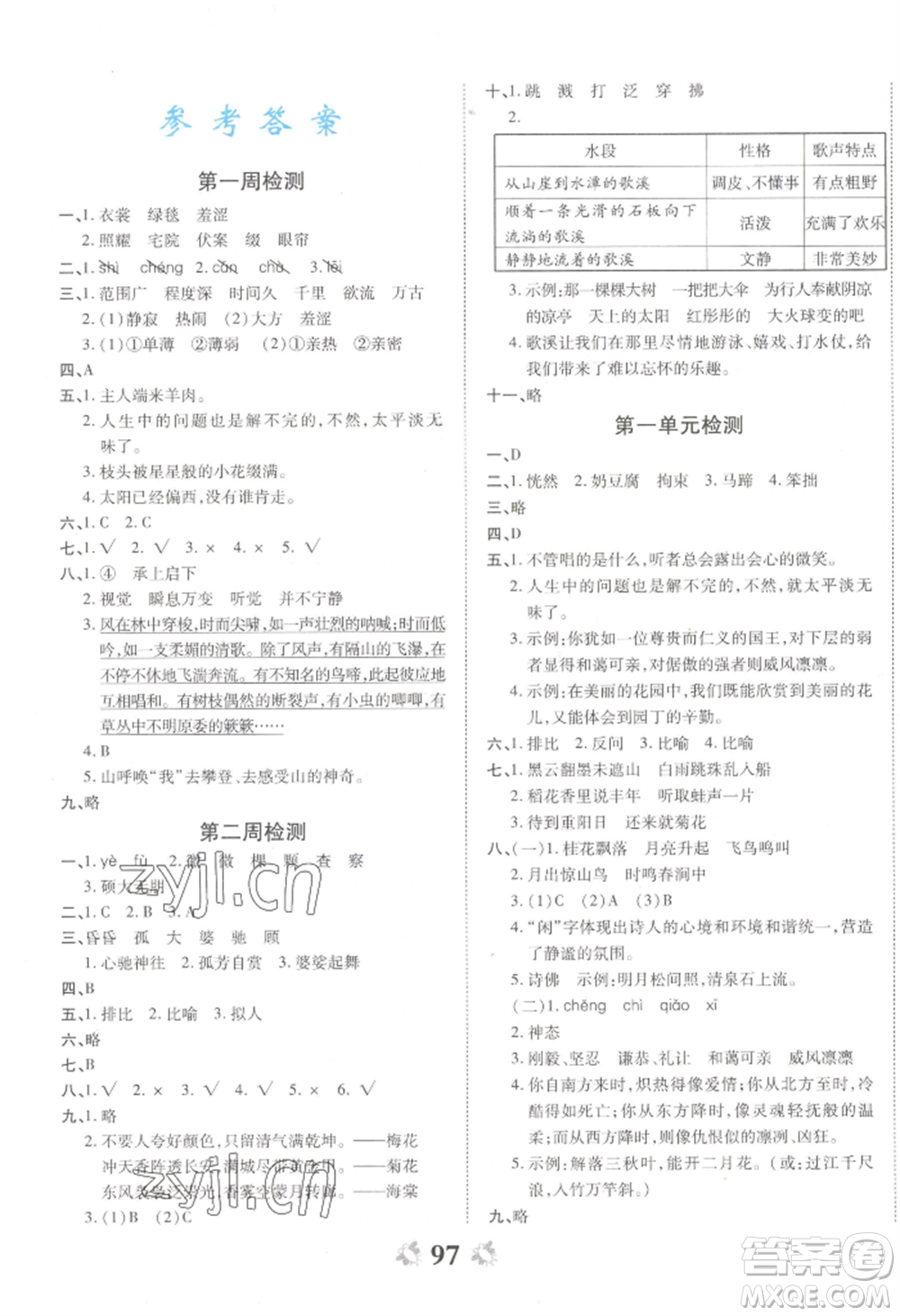 中州古籍出版社2022全能練考卷六年級上冊語文人教版參考答案