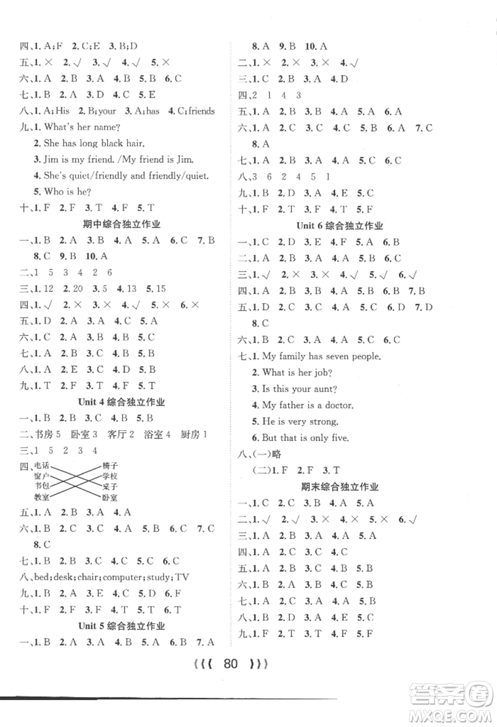 長(zhǎng)江少年兒童出版社2022優(yōu)質(zhì)課堂導(dǎo)學(xué)案四年級(jí)上冊(cè)英語(yǔ)人教版參考答案