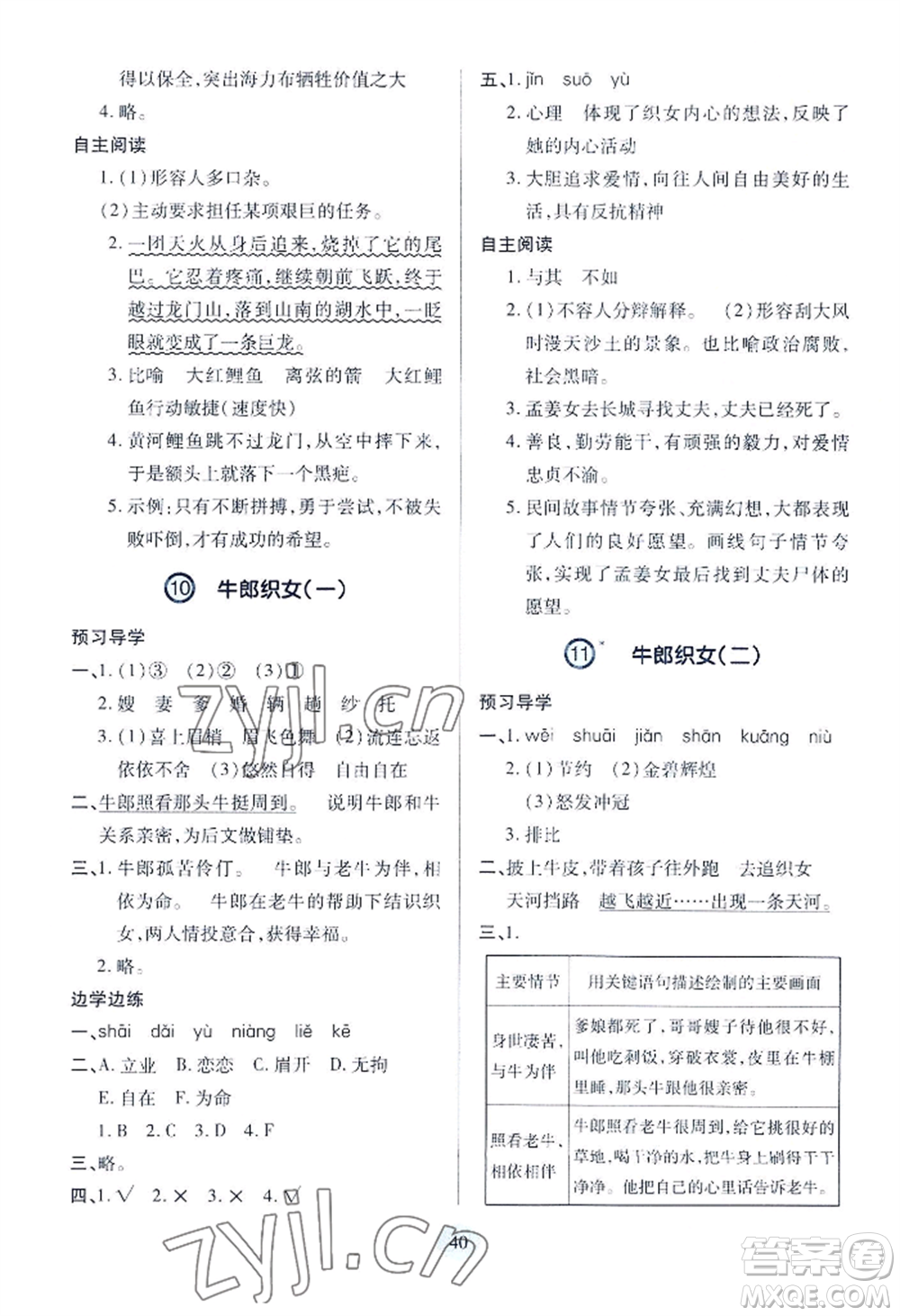 青島出版社2022新課堂學(xué)習(xí)與探究五年級上冊語文人教版參考答案