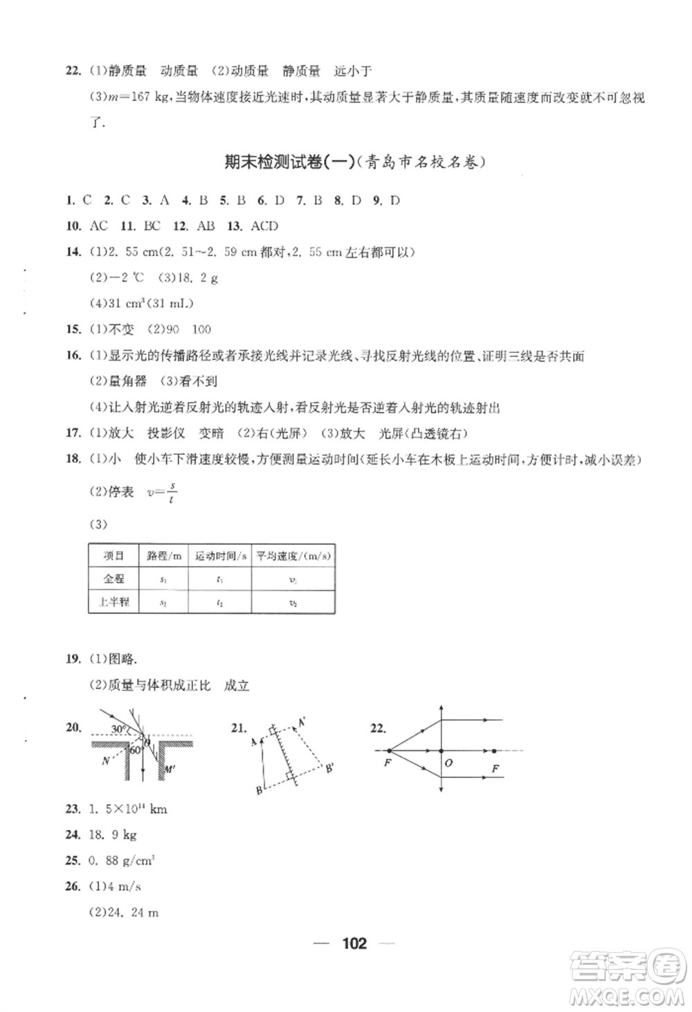 青島出版社2022新課堂學(xué)習(xí)與探究八年級(jí)上冊(cè)物理人教版參考答案
