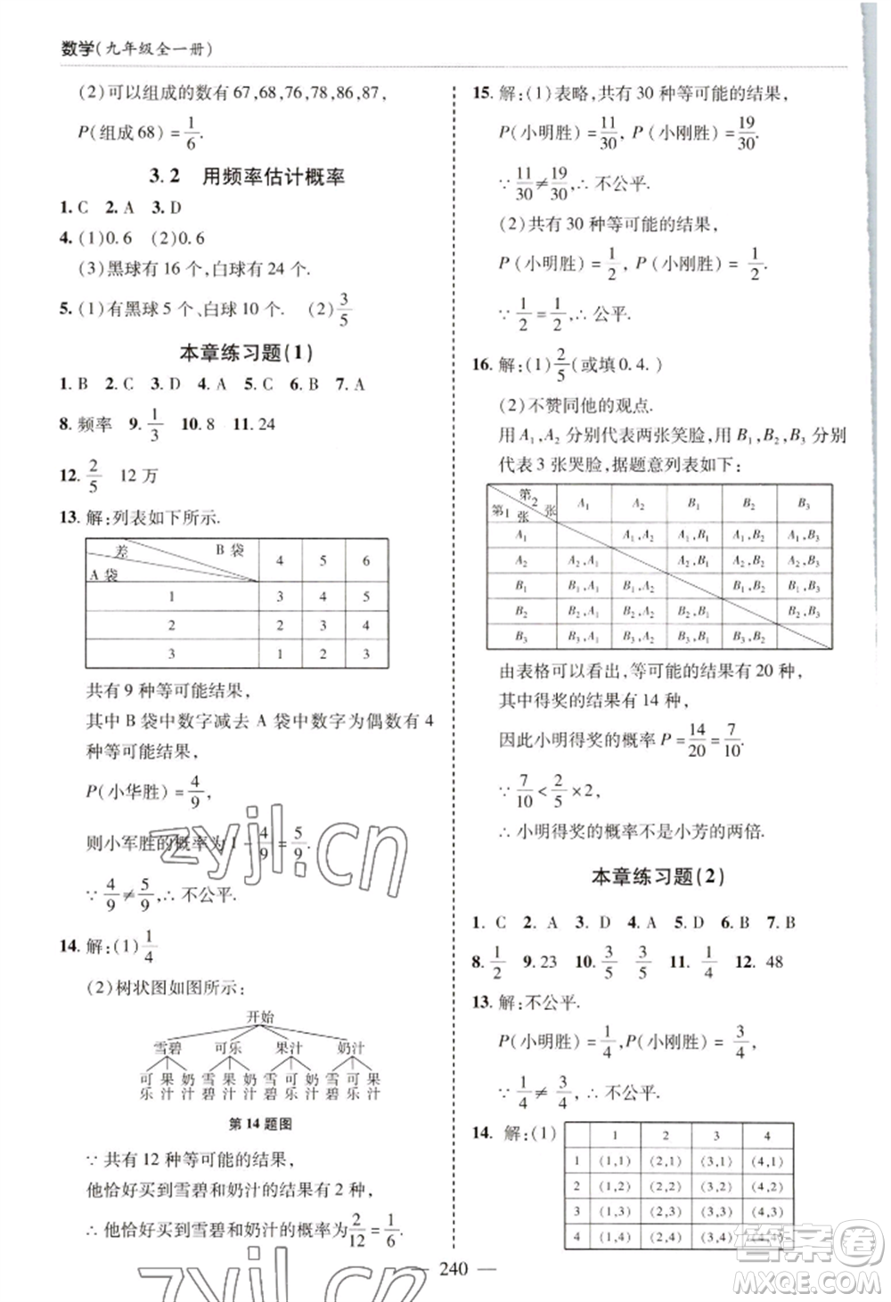青島出版社2022新課堂學(xué)習(xí)與探究九年級(jí)數(shù)學(xué)人教版參考答案