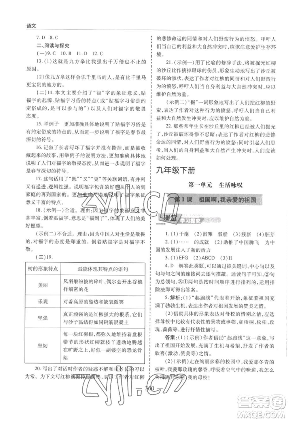 青島出版社2022新課堂學(xué)習(xí)與探究九年級語文人教版參考答案
