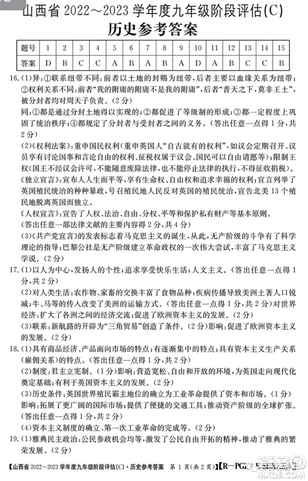 山西省2022-2023學(xué)年九年級(jí)階段評(píng)估C歷史試卷答案