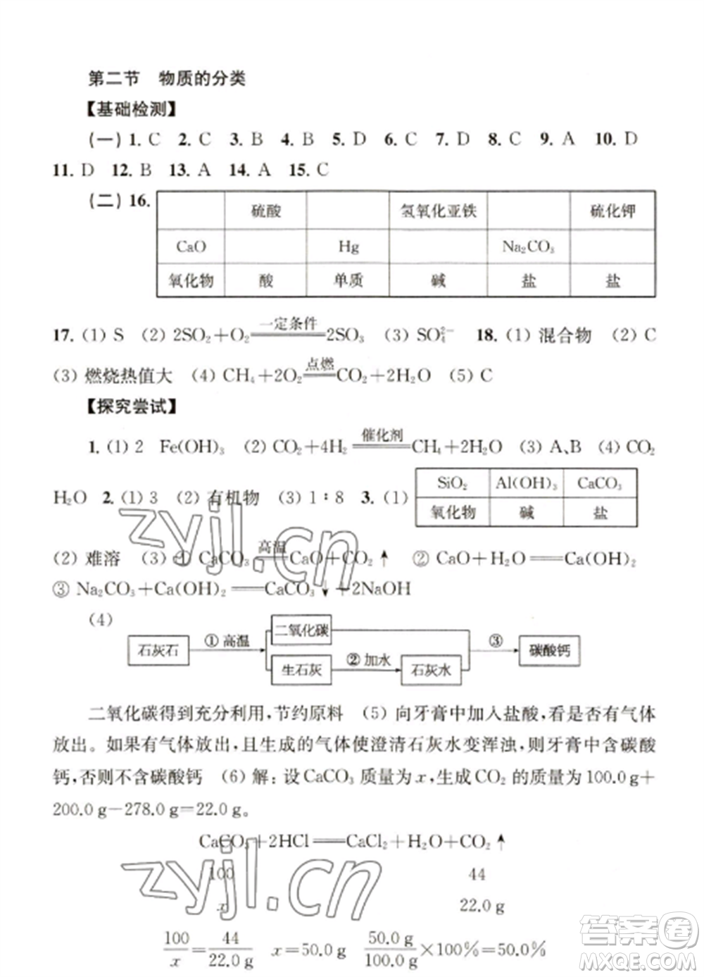 上海科學(xué)技術(shù)出版社2022新課程初中學(xué)習(xí)能力自測(cè)叢書化學(xué)人教版參考答案