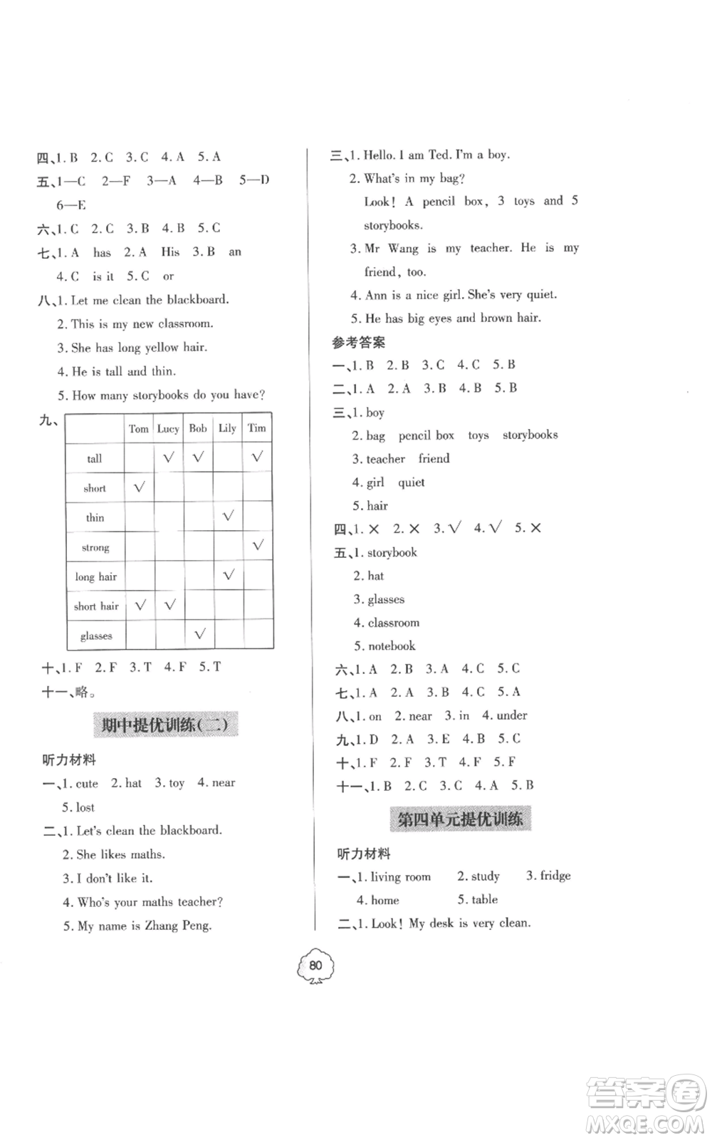 青島出版社2022新課堂同步學(xué)習(xí)與探究提優(yōu)訓(xùn)練四年級(jí)上冊英語人教版參考答案