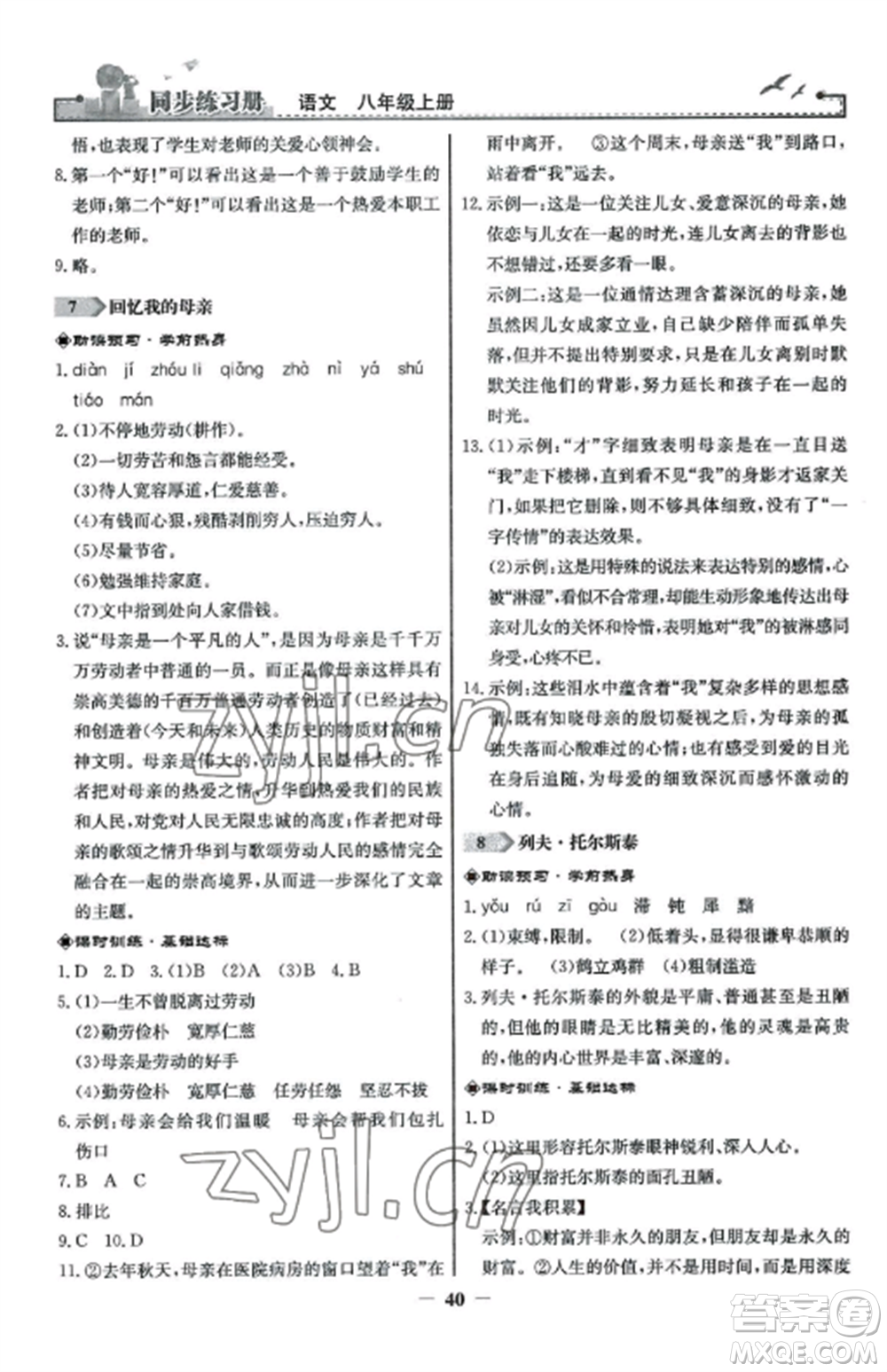 人民教育出版社2022同步練習(xí)冊八年級語文上冊人教版參考答案