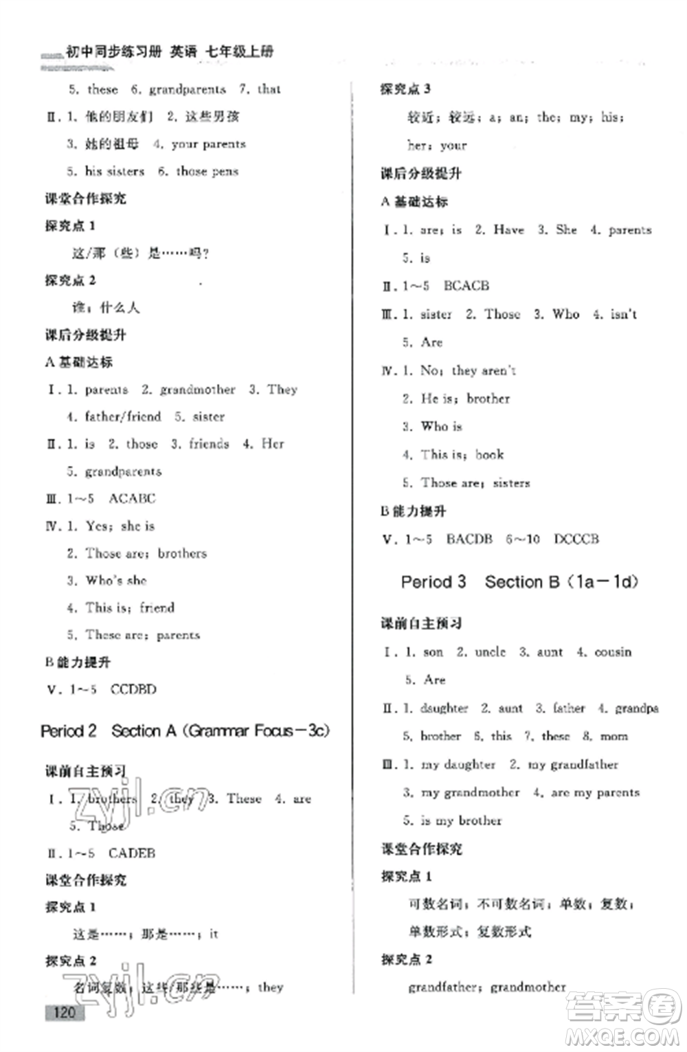 人民教育出版社2022同步練習(xí)冊(cè)七年級(jí)英語(yǔ)上冊(cè)人教PEP版山東專版參考答案