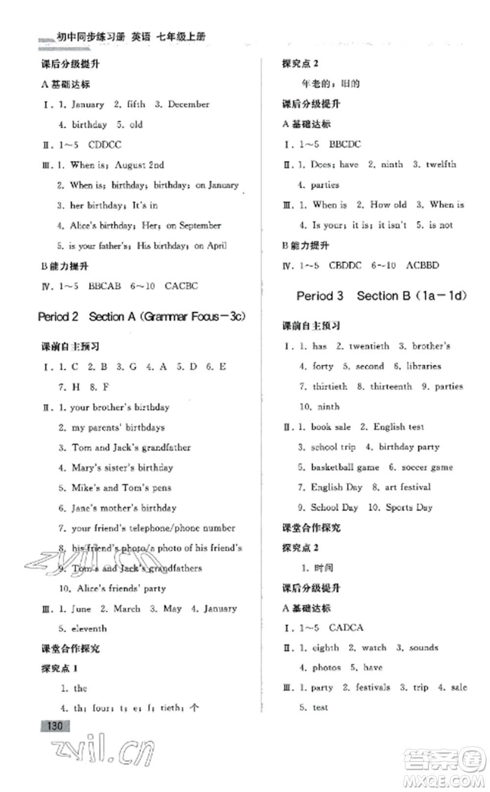 人民教育出版社2022同步練習(xí)冊(cè)七年級(jí)英語(yǔ)上冊(cè)人教PEP版山東專版參考答案