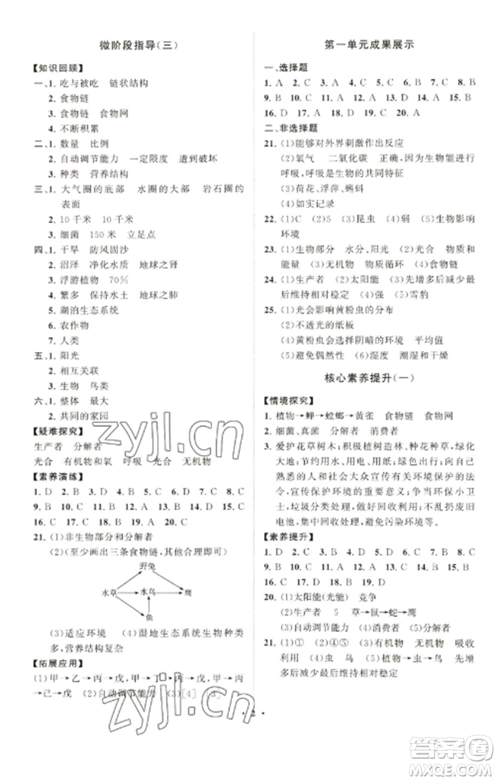 山東教育出版社2022初中同步練習(xí)冊分層卷七年級生物學(xué)上冊人教版參考答案