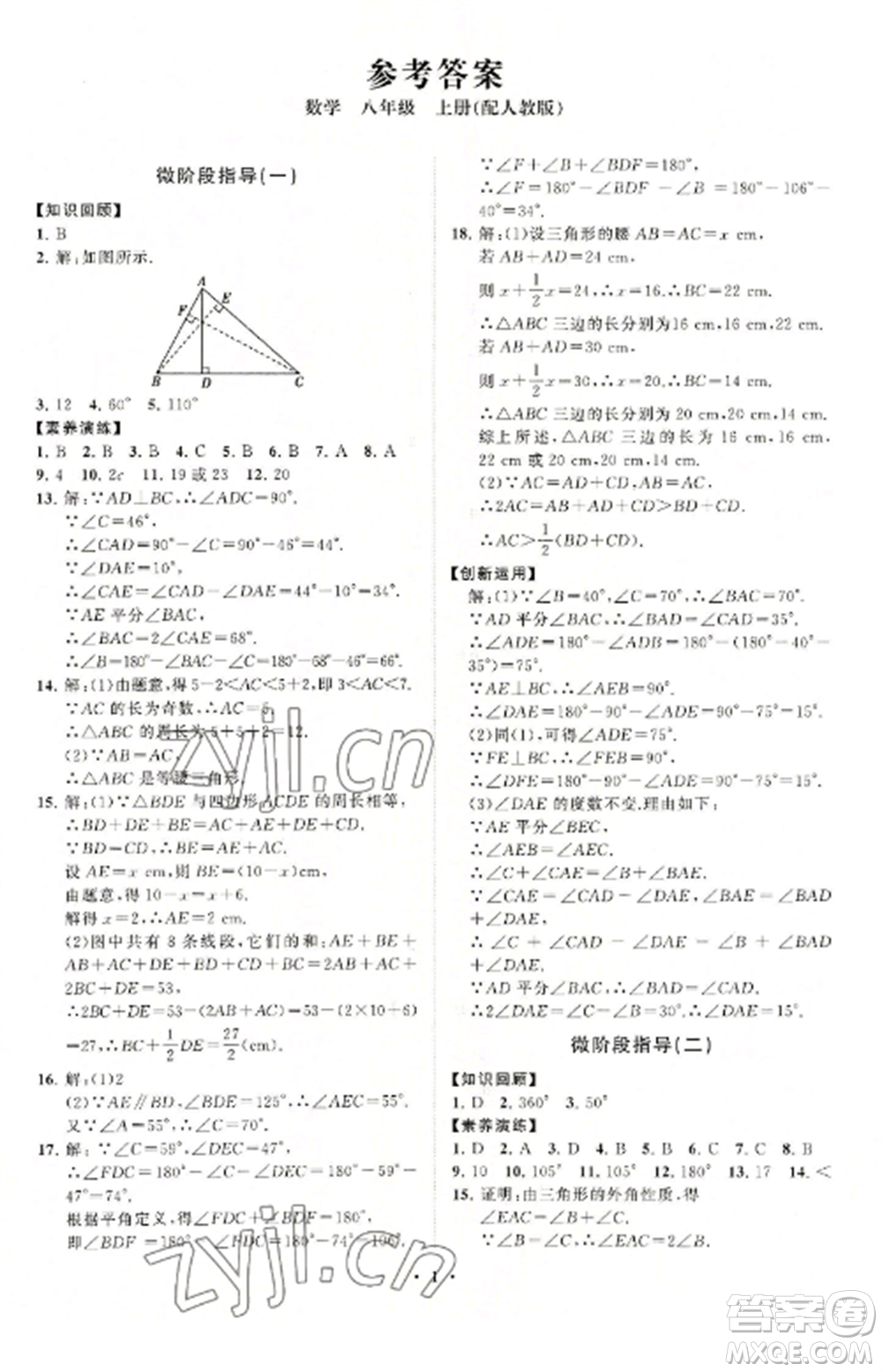 山東教育出版社2022初中同步練習(xí)冊(cè)分層卷八年級(jí)數(shù)學(xué)上冊(cè)人教版參考答案
