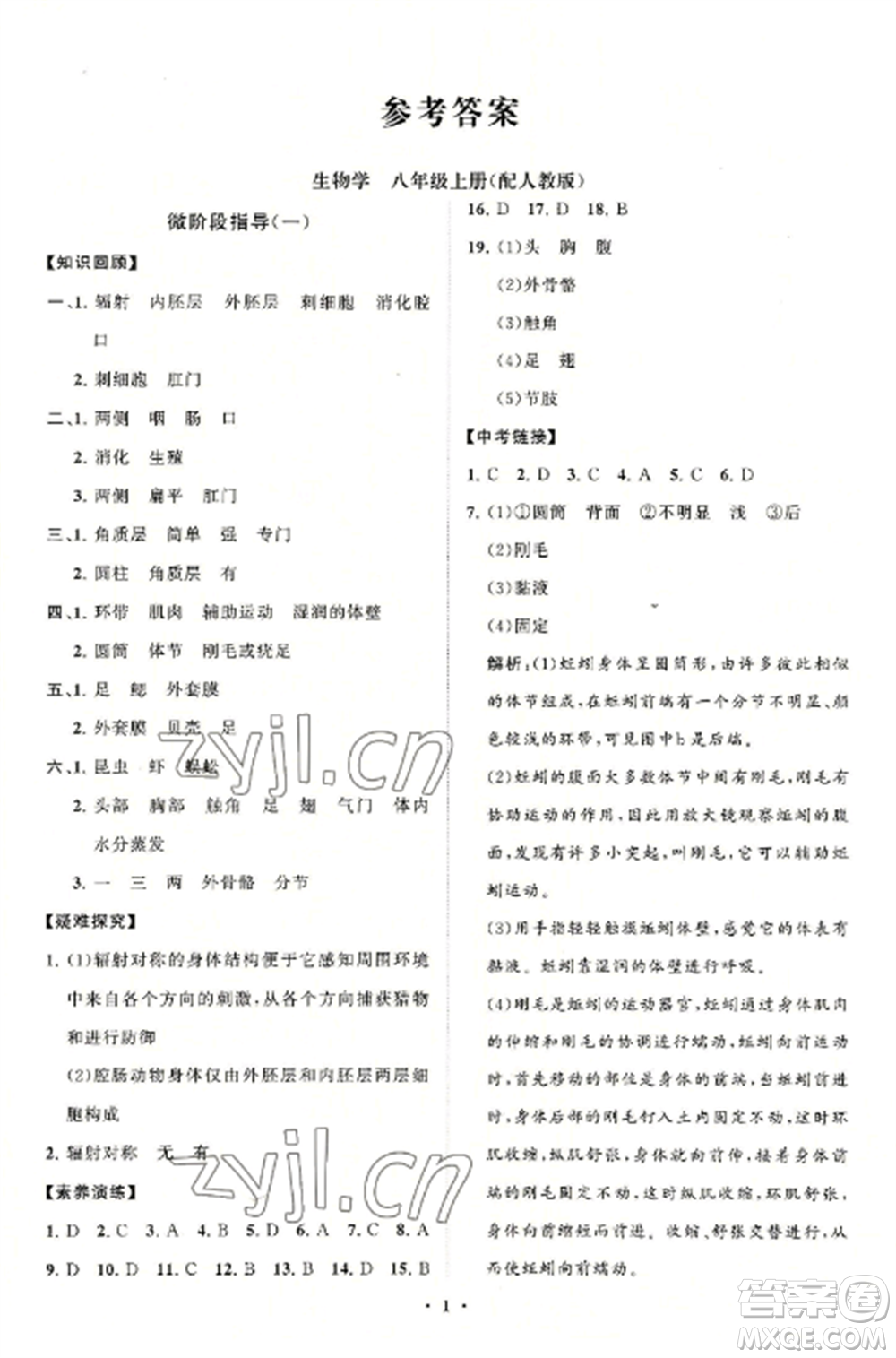 山東教育出版社2022初中同步練習(xí)冊分層卷八年級生物學(xué)上冊人教版參考答案