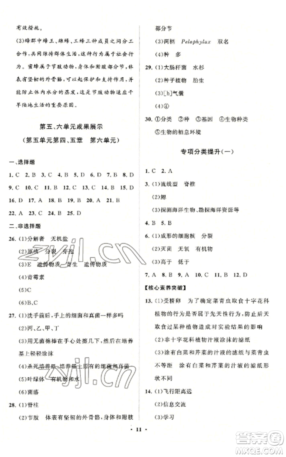 山東教育出版社2022初中同步練習(xí)冊分層卷八年級生物學(xué)上冊人教版參考答案