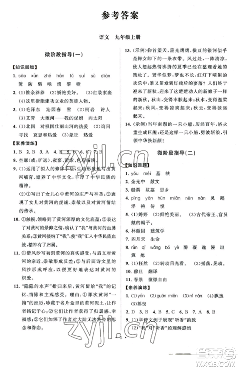 山東教育出版社2022初中同步練習(xí)冊分層卷九年級語文上冊人教版參考答案
