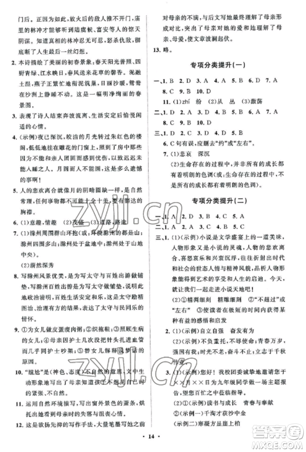 山東教育出版社2022初中同步練習(xí)冊分層卷九年級語文上冊人教版參考答案
