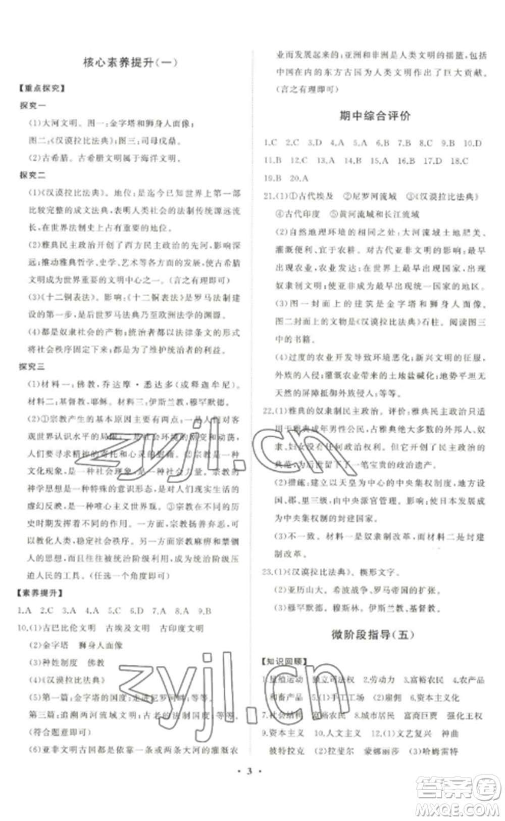 山東教育出版社2022初中同步練習(xí)冊分層卷九年級歷史上冊人教版參考答案