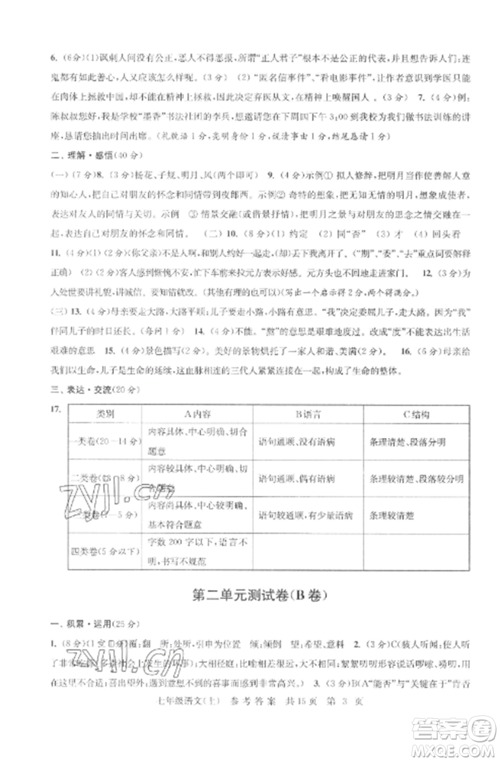 南京出版社2022伴你學(xué)單元達(dá)標(biāo)測(cè)試卷七年級(jí)語(yǔ)文上冊(cè)人教版參考答案