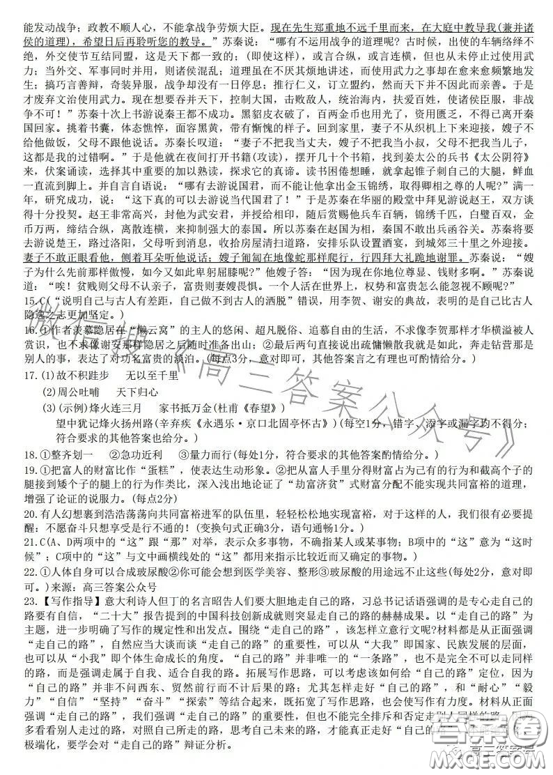 合肥九校2022-2023學(xué)年高三年級(jí)上學(xué)期階段聯(lián)考語(yǔ)文試卷答案