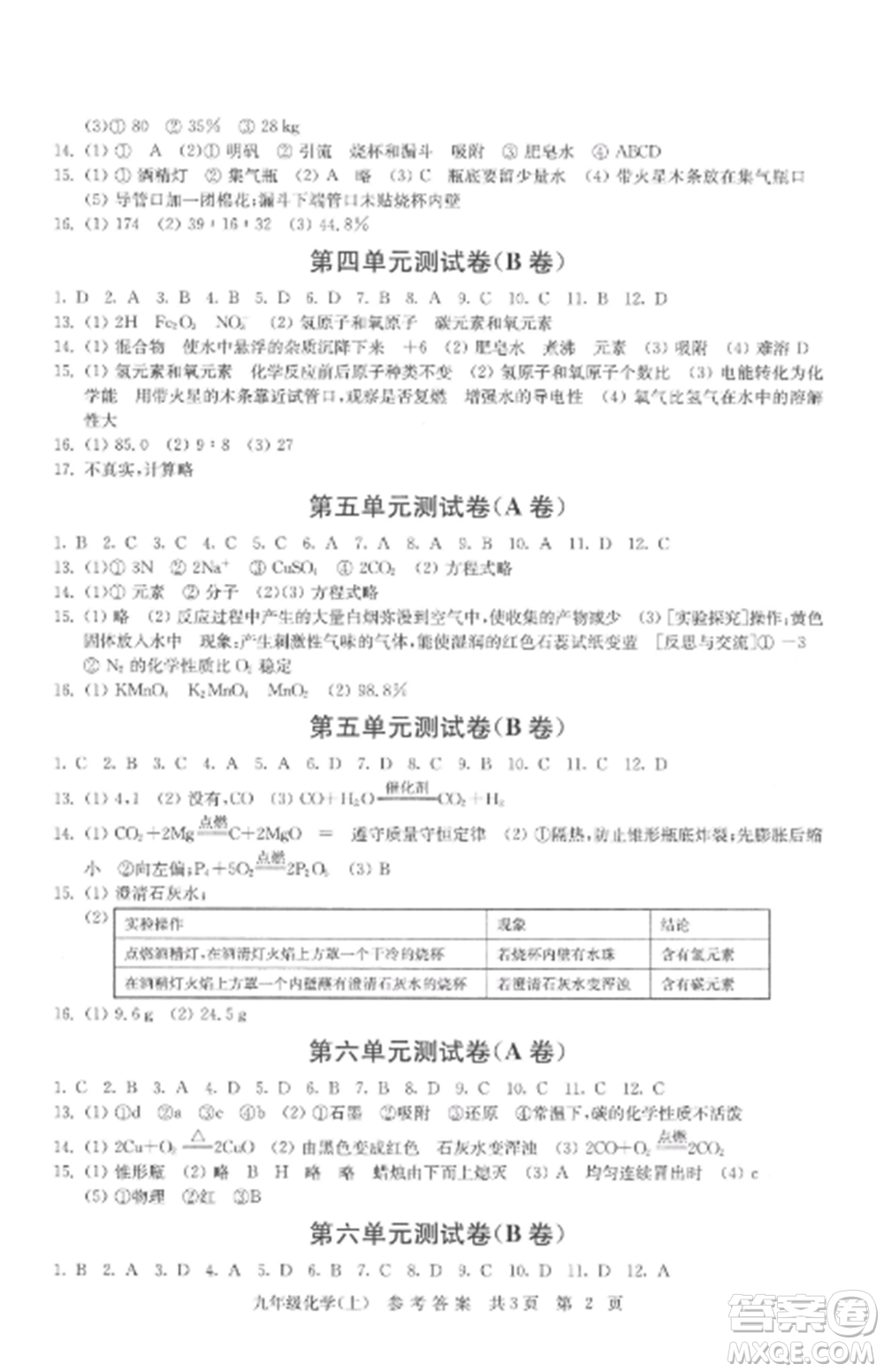 南京出版社2022伴你學(xué)單元達(dá)標(biāo)測試卷九年級化學(xué)上冊人教版參考答案