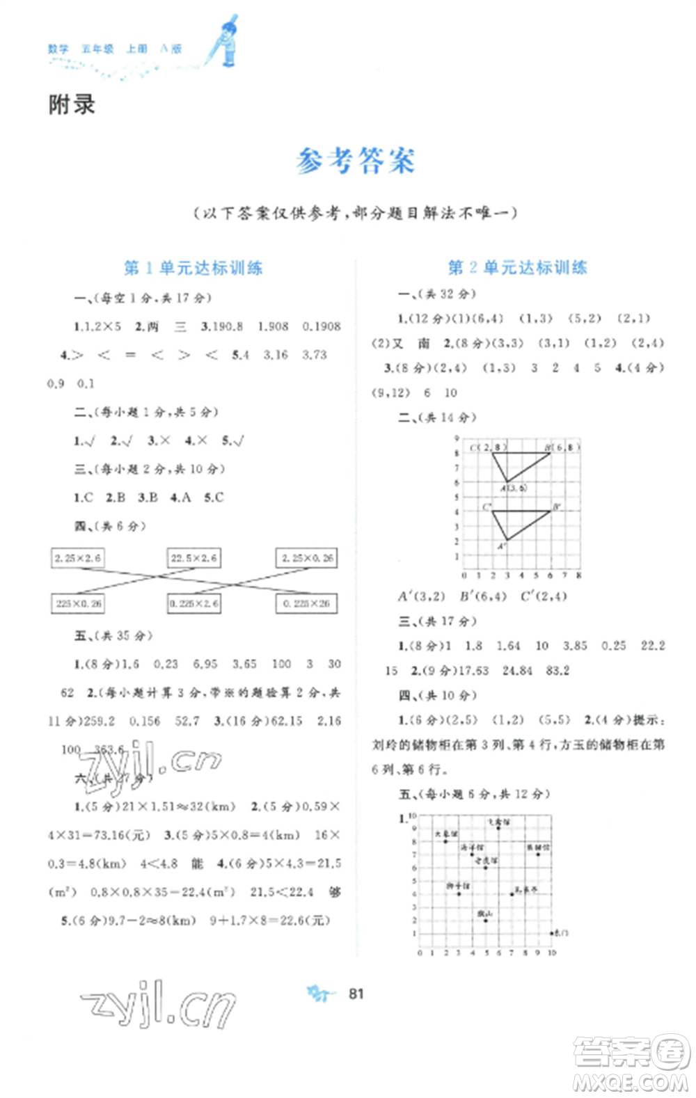 廣西師范大學(xué)出版社2022新課程學(xué)習(xí)與測(cè)評(píng)單元雙測(cè)五年級(jí)數(shù)學(xué)上冊(cè)人教版A版參考答案