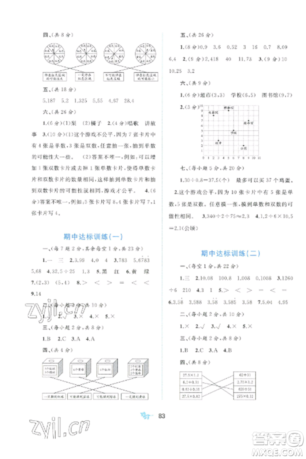 廣西師范大學(xué)出版社2022新課程學(xué)習(xí)與測(cè)評(píng)單元雙測(cè)五年級(jí)數(shù)學(xué)上冊(cè)人教版A版參考答案