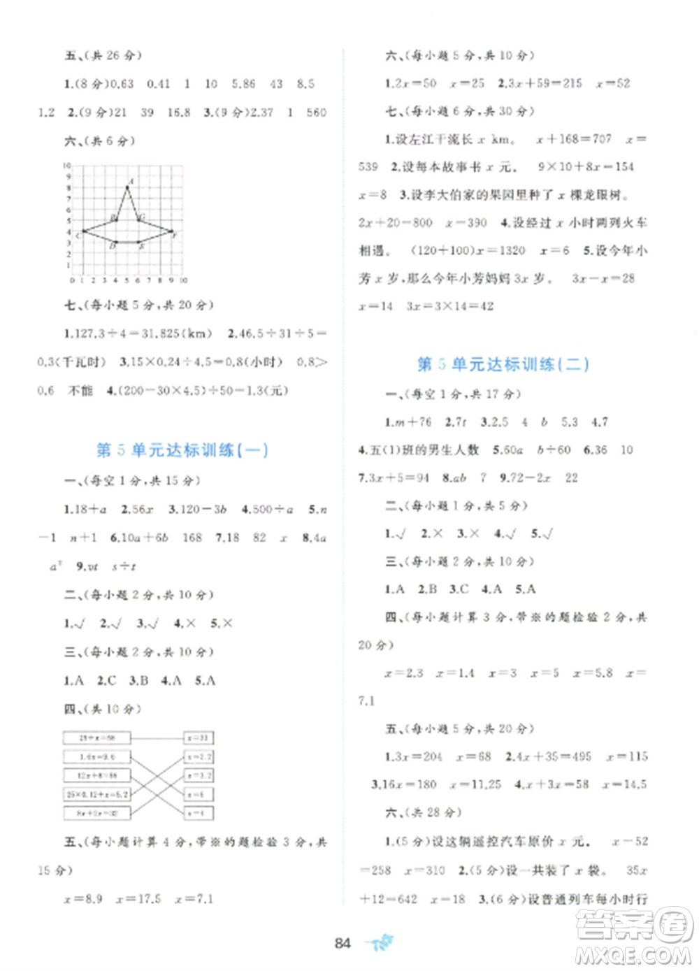 廣西師范大學(xué)出版社2022新課程學(xué)習(xí)與測(cè)評(píng)單元雙測(cè)五年級(jí)數(shù)學(xué)上冊(cè)人教版A版參考答案