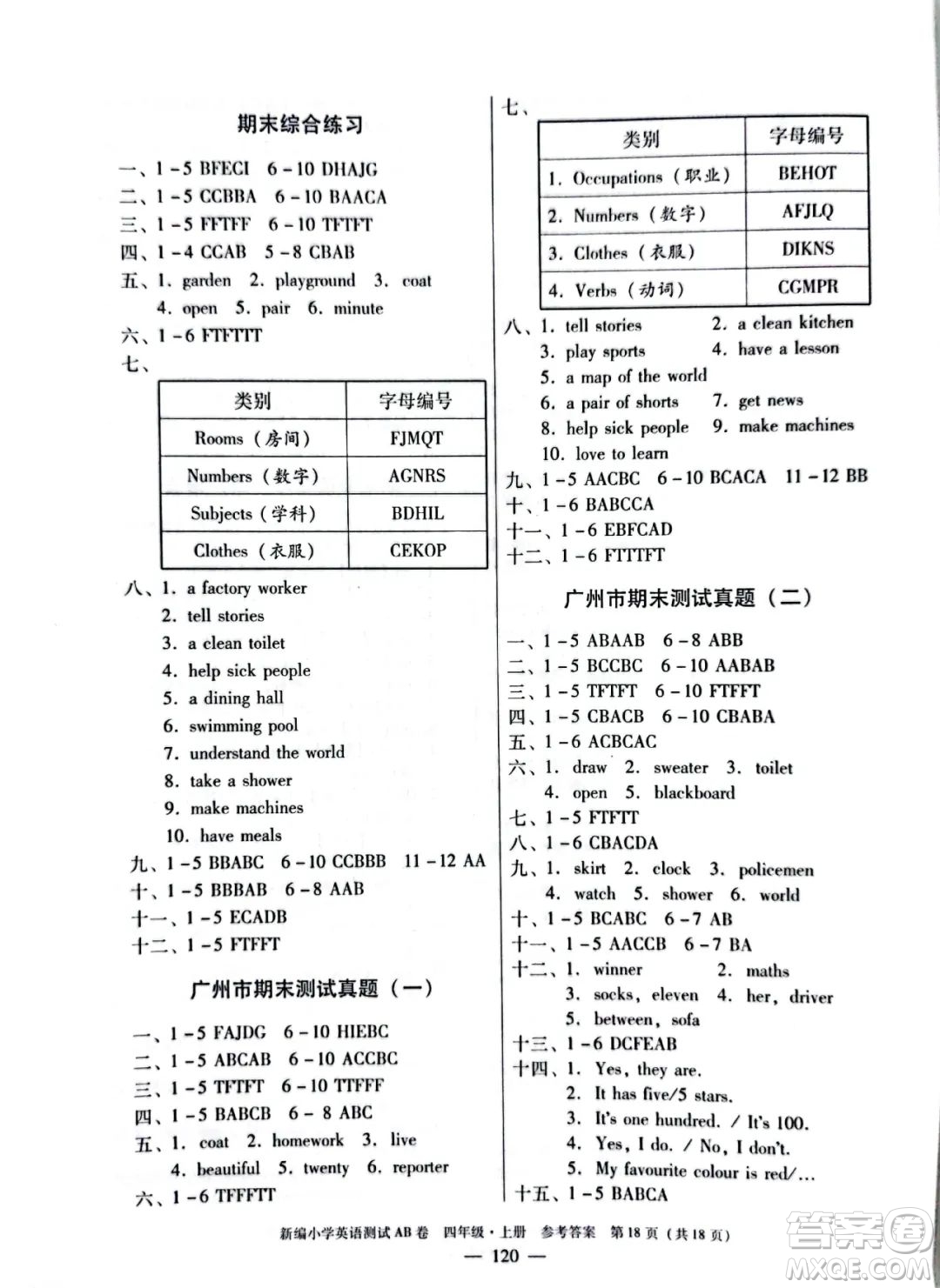 華南理工大學(xué)出版社2022新編小學(xué)英語(yǔ)測(cè)試AB卷四年級(jí)上冊(cè)廣州專版答案