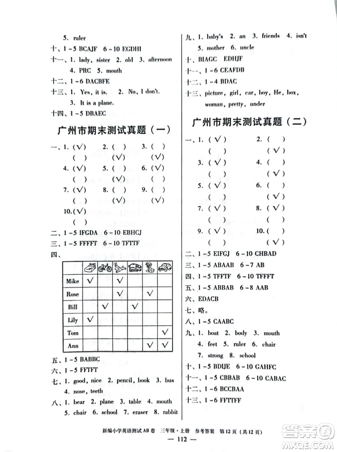 華南理工大學(xué)出版社2022新編小學(xué)英語(yǔ)測(cè)試AB卷三年級(jí)上冊(cè)廣州專版答案