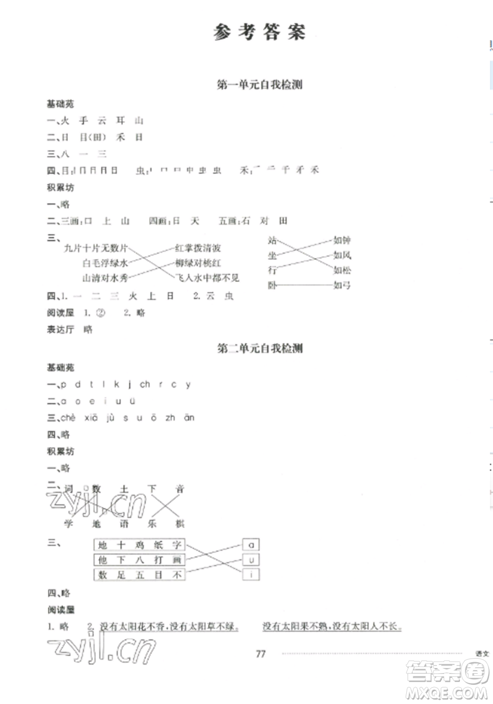 山東科學(xué)技術(shù)出版社2022同步練習(xí)冊(cè)配套單元自測卷一年級(jí)語文上冊(cè)人教版參考答案